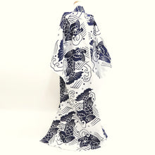 Load image into Gallery viewer, Yukata Vintage(1950-1980) White Navy Fish Wave Cotton #9915B4
