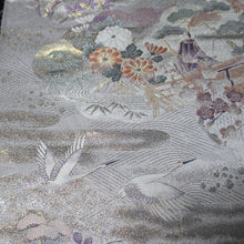 Load image into Gallery viewer, BB10080AF Silk Obi Fabric Heian Princess Crane Birds Silver 50.8x10.6in(129x27cm)
