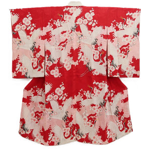 Juban Vintage(1950-1980) Red Pink Crane Birds Plum blossom Silk #10507B1