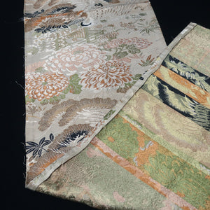 BB10040AC Silk Obi Fabric Vintage(1920-1950) Crane Birds Brown 72.8x11.4in(185x29cm)