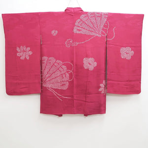 Haori Jacket Vintage(1920-1950) Reddish Pink Shibori Folding Fan Long Silk #9961C1