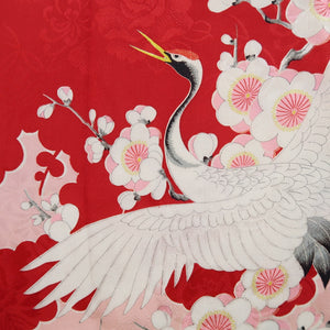 Juban Vintage(1950-1980) Red Pink Crane Birds Plum blossom Silk #10507B1