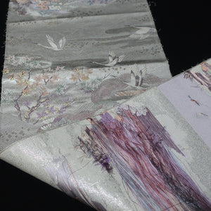 BB10080AF Silk Obi Fabric Heian Princess Crane Birds Silver 50.8x10.6in(129x27cm)