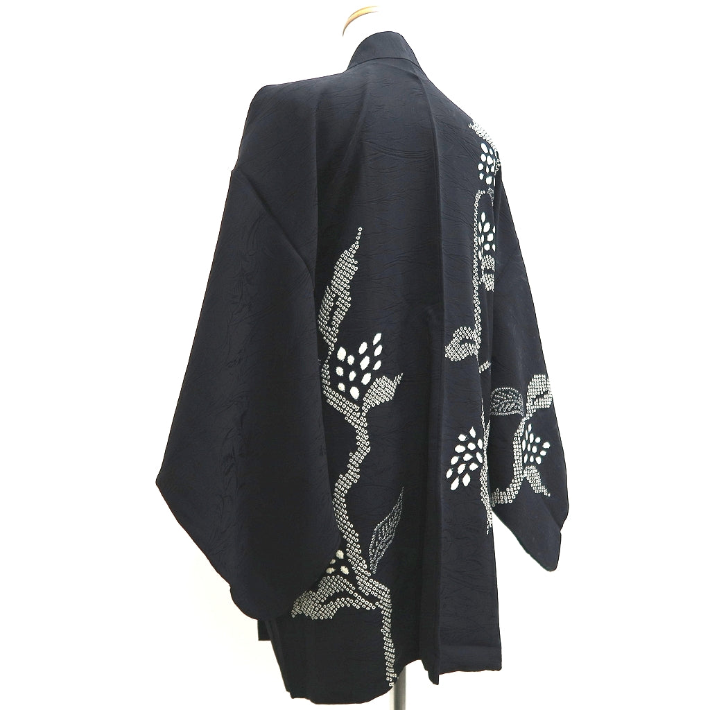 Haori Jacket Vintage(1950-1980) Black Shibori Leaves Silk #9996C2