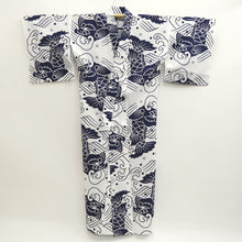 Load image into Gallery viewer, Yukata Vintage(1950-1980) White Navy Fish Wave Cotton #9915B4
