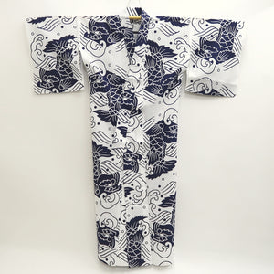 Yukata Vintage(1950-1980) White Navy Fish Wave Cotton #9915B4