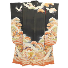 Load image into Gallery viewer, Furisode Vintage(1920-1950) Black Crane Birds Silk #11108Z1
