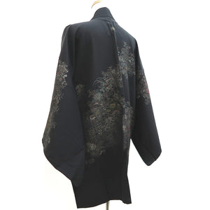 Haori Jacket Vintage(1950-1980) Black Silver Gold Chrysanthemum Silk #10010C3