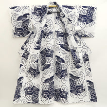 Load image into Gallery viewer, Yukata Vintage(1950-1980) White Navy Fish Wave Cotton #9915B4
