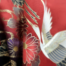 Load image into Gallery viewer, Furisode Red Gold Crane Birds Silk #11084A5
