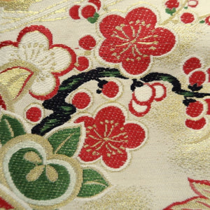 Maru Obi Vintage(1920-1950) Beige Gold Phoenix Plum blossom Silk BB297V7