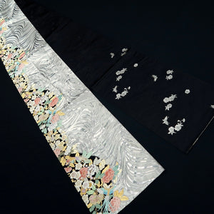 Fukuro Obi Silver Gold Bird Peony Ryusui Silk BB345W1