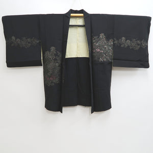 Haori Jacket Vintage(1950-1980) Black Silver Gold Chrysanthemum Silk #10010C3