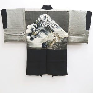 Men's Haori Vintage(1950-1980) Black Mt. Fuji Dragon Tiger Silk #10286E4