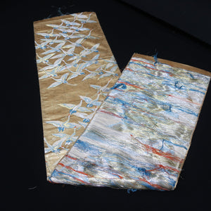 BB10009AB Silk Obi Fabric Crane Birds Gold 53.9x10.2in(137x26cm)