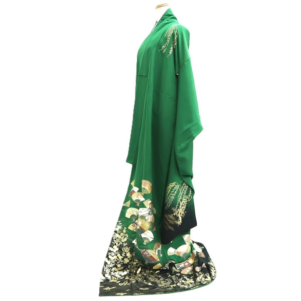 Furisode Green Black Gold Folding Fan Willow Tall Silk #10557B4