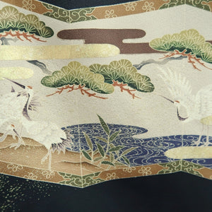 Tomesode Black Gold Crane Birds Pine Tree Tall Silk #10395F5