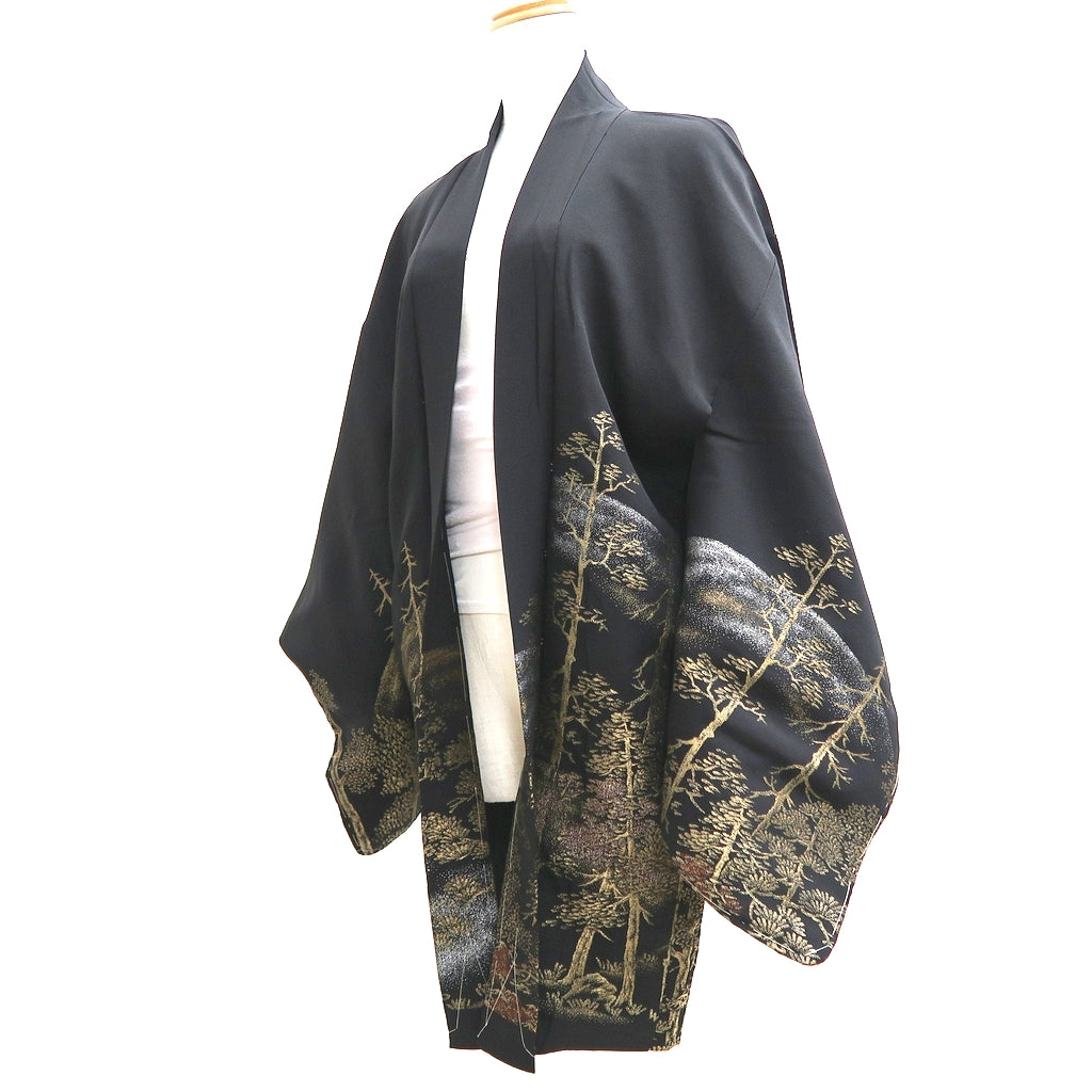 Haori Jacket Vintage(1950-1980) Black Gold Landscape Tree Mountain Silk #9759A3