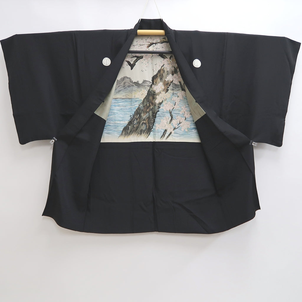 Men's Haori Vintage(1950-1980) Black Habutae Cherry Blossom Silk #9985C2