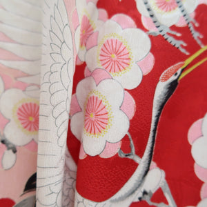 Juban Vintage(1950-1980) Red Pink Crane Birds Plum blossom Silk #10507B1
