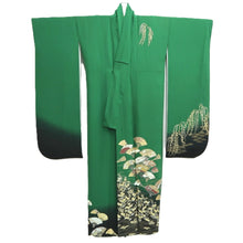 Load image into Gallery viewer, Furisode Green Black Gold Folding Fan Willow Tall Silk #10557B4
