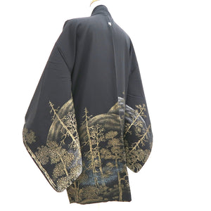 Haori Jacket Vintage(1950-1980) Black Gold Landscape Tree Mountain Silk #9759A3