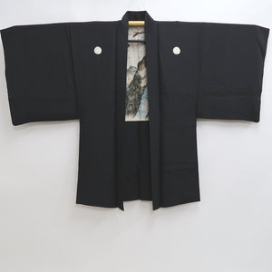 Men's Haori Vintage(1950-1980) Black Habutae Cherry Blossom Silk #9985C2