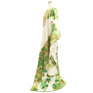 Furisode Vintage(1950-1980) White Gold Green Embroidery Chrysanthemum Bamboo Silk #10547B3