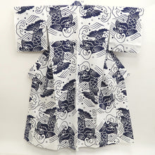 Load image into Gallery viewer, Yukata Vintage(1950-1980) White Navy Fish Wave Cotton #9915B4
