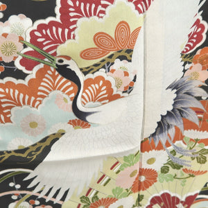 Tomesode Vintage(1920-1950) Black Crane Birds Hand painted Silk #10496B1