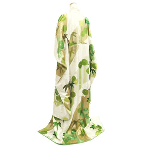 Furisode Vintage(1950-1980) White Gold Green Embroidery Chrysanthemum Bamboo Silk #10547B3