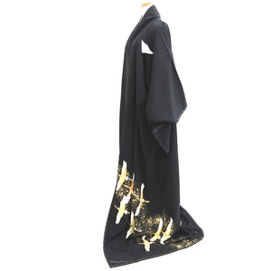 Tomesode Black Gold Embroidery Crane Birds Tall Silk #10396F5