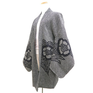 Haori Jacket Vintage(1950-1980) Black Shibori Peony Silk #9902B4