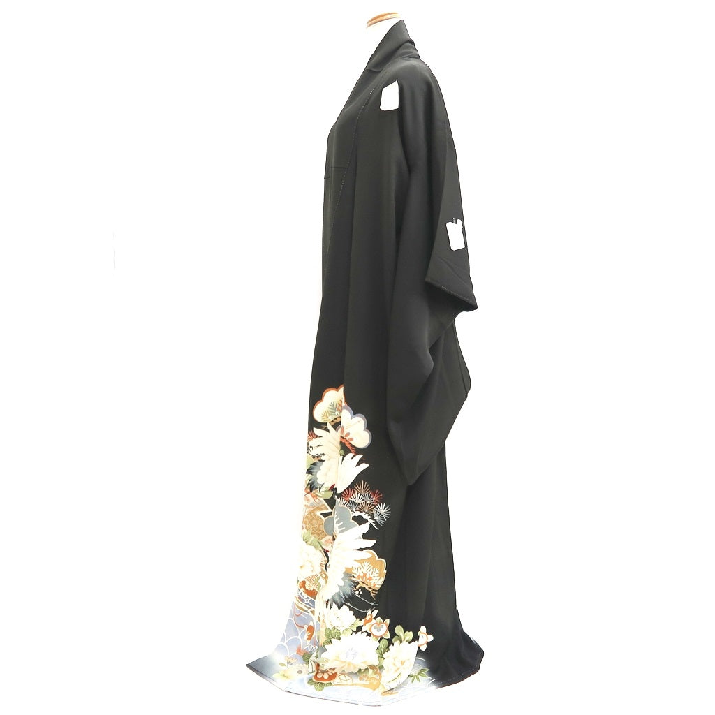 Tomesode Vintage(1920-1950) Black Hand painted Crane Birds Silk #10406A1