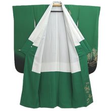 Load image into Gallery viewer, Furisode Green Black Gold Folding Fan Willow Tall Silk #10557B4
