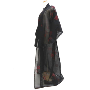 Kimono Vintage(1950-1980) Black Wine red See-Through Flower Silk #10279E4