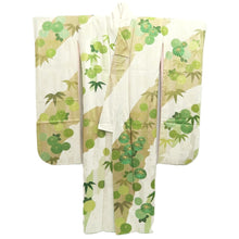 Load image into Gallery viewer, Furisode Vintage(1950-1980) White Gold Green Embroidery Chrysanthemum Bamboo Silk #10547B3
