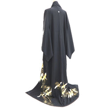 Load image into Gallery viewer, Tomesode Black Gold Embroidery Crane Birds Tall Silk #10396F5
