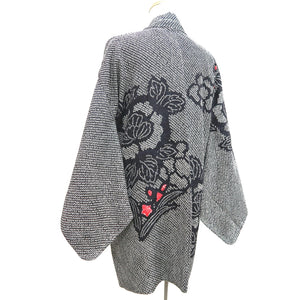 Haori Jacket Vintage(1950-1980) Black Shibori Peony Silk #9902B4