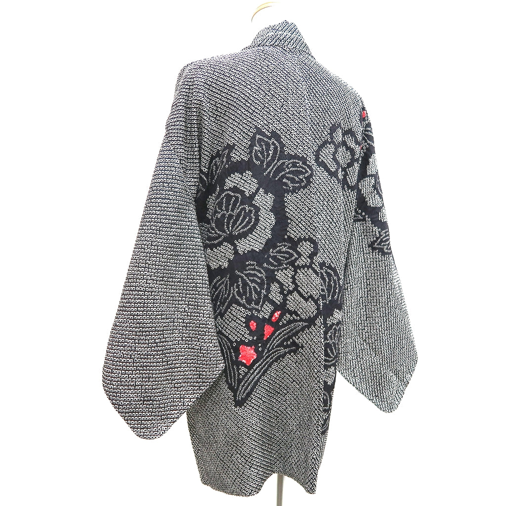 Haori Jacket Vintage(1950-1980) Black Shibori Peony Silk #9902B4