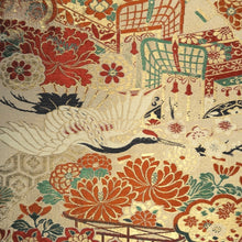 Load image into Gallery viewer, Maru Obi Vintage(1920-1950) Beige Gold Crane Birds Chrysanthemum Silk BB298V7
