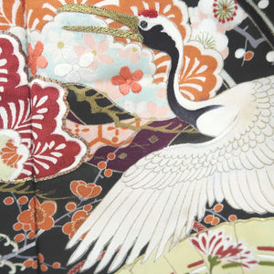 Tomesode Vintage(1920-1950) Black Crane Birds Hand painted Silk #10496B1