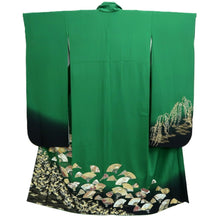 Load image into Gallery viewer, Furisode Green Black Gold Folding Fan Willow Tall Silk #10557B4

