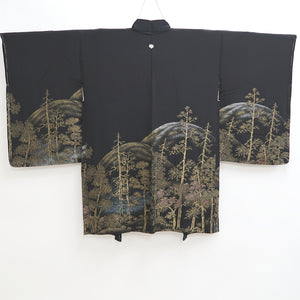 Haori Jacket Vintage(1950-1980) Black Gold Landscape Tree Mountain Silk #9759A3