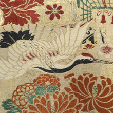 Load image into Gallery viewer, Maru Obi Vintage(1920-1950) Beige Gold Crane Birds Chrysanthemum Silk BB298V7
