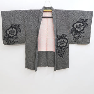 Haori Jacket Vintage(1950-1980) Black Shibori Peony Silk #9902B4