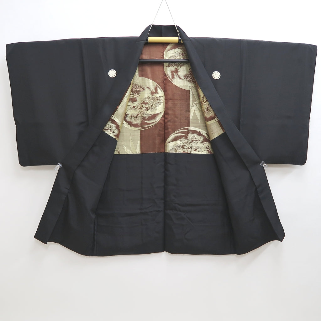 Men's Haori Vintage(1950-1980) Black Montsuki Habutae Dragon Tiger Silk #9822B1