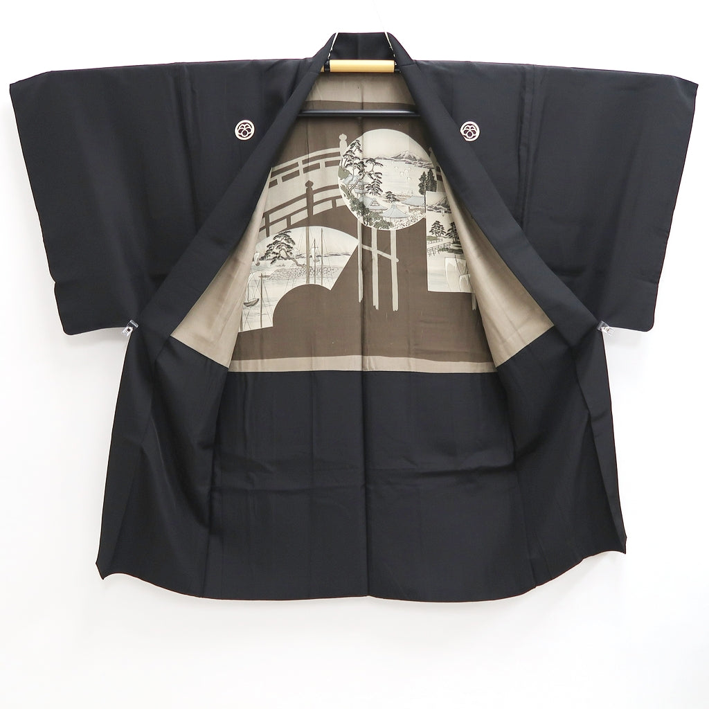 Men's Haori Vintage(1950-1980) Black Landscape Silk #10287E4