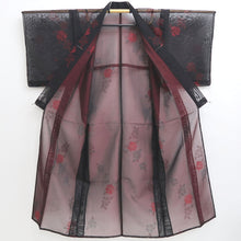 Load image into Gallery viewer, Kimono Vintage(1950-1980) Black Wine red See-Through Flower Silk #10279E4
