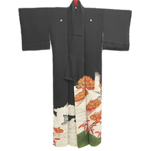Load image into Gallery viewer, Tomesode Vintage(1920-1950) Black Crane Birds Hand painted Silk #10497B1
